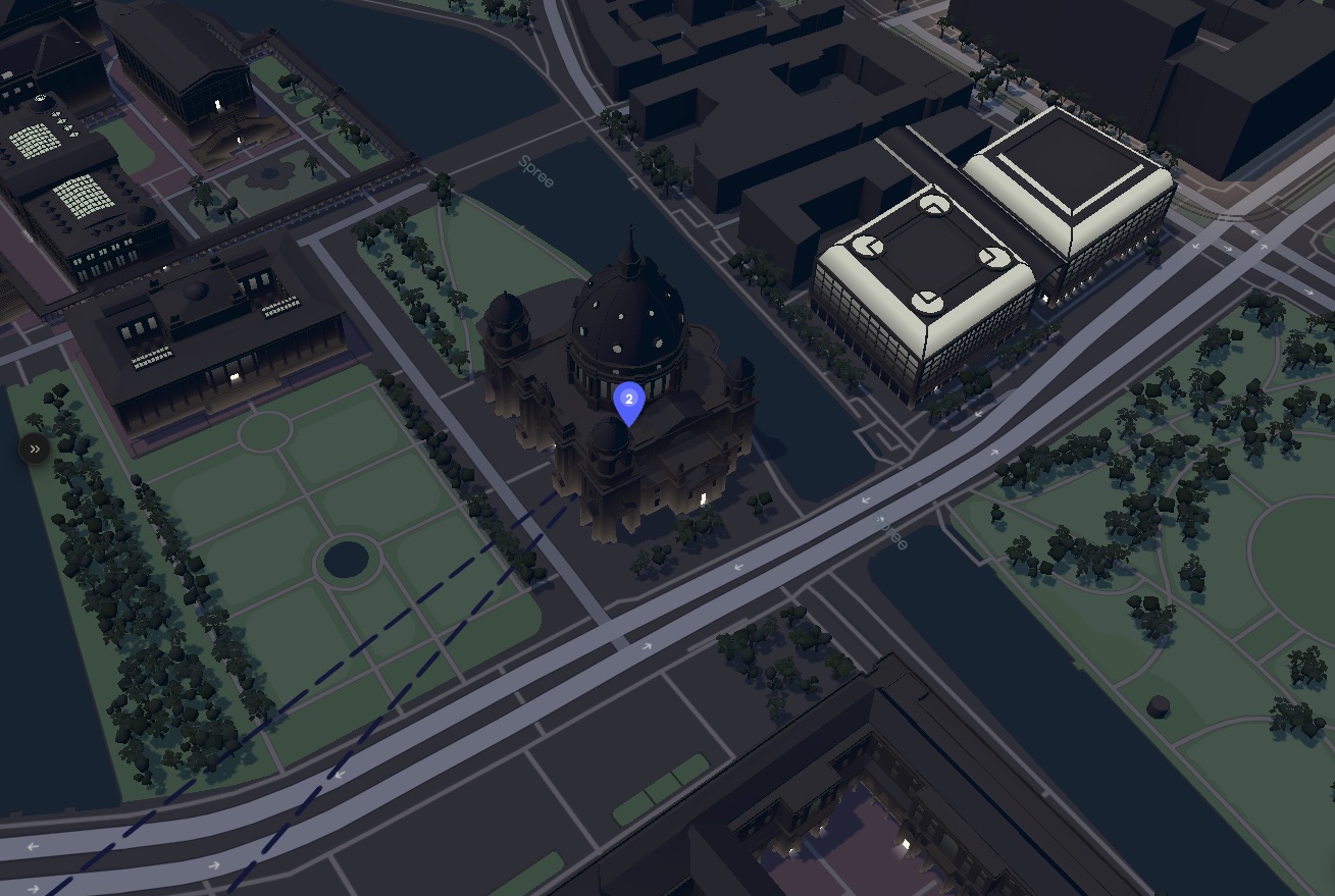 3D map of Berlin with a numbered pin on the Berliner Dom and a walking route